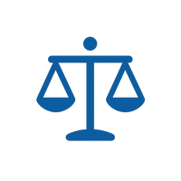 Icono azul de balanza, representa reclamaciones de daños, indemnizaciones y defensa jurídica