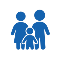 Icono azul de familia con dos adultos y un niño, representa Derecho de Familia